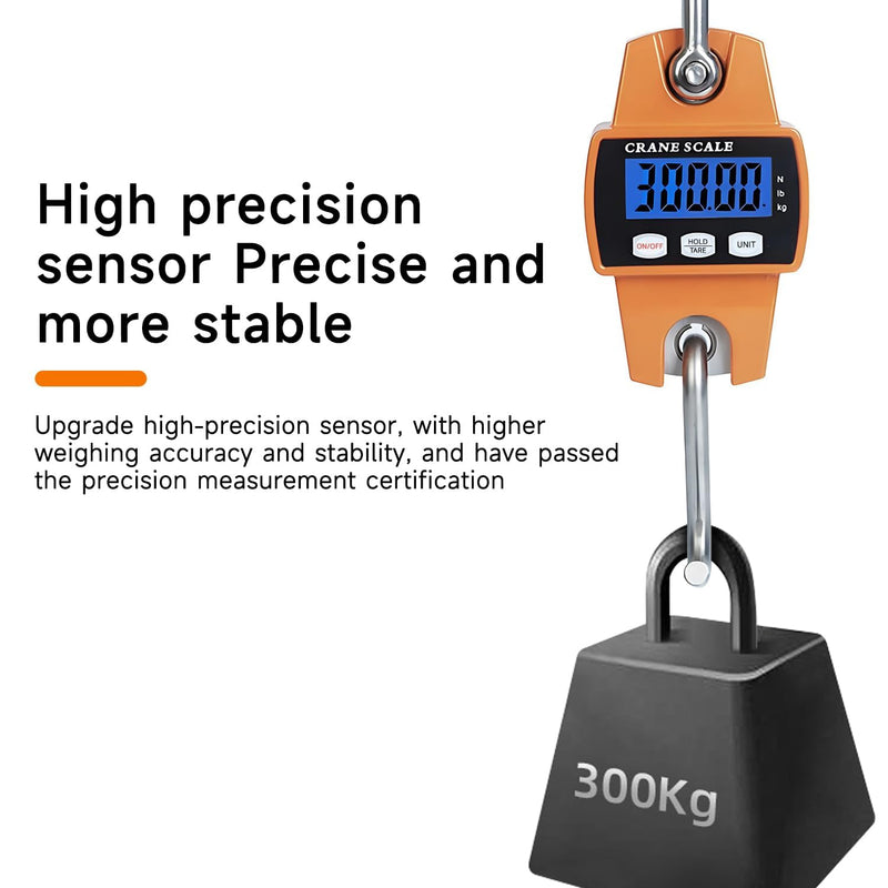 Digital Hanging Scale 660Lb 300Kg for Fishing, Hunting, Travel, Luggage, Farm, Heavy Weight with Accurate Sensor - Digital Crane Scale - Lightweight Case - Hoyer Lift Compatible - Fathers Day Gift Standard Orange