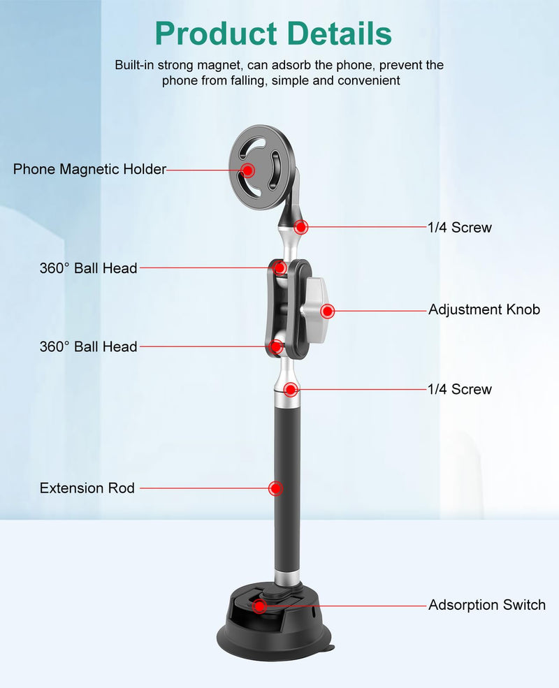 PULUZ Magnetic Cell Phone Car Suction Cup Mount，360°Adjustable Double Ball Head Car Suction Cup Holder with Phone Clamp and Action Camera Mount Adapter Use for Windshield Auto Suction Cups Camera & Phone Suction Cup Mount B