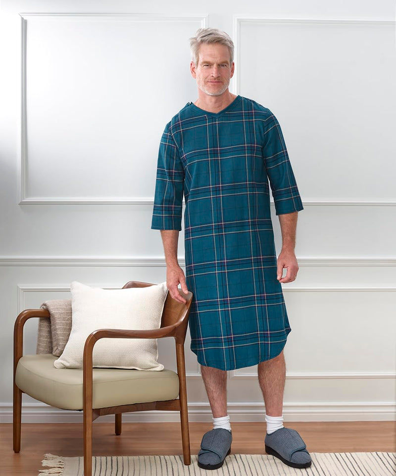 Silverts Men's Adaptive Open Back Flannel Gown, Assisted Dressing Nightgown | For elderly, nursing home & recovery wear, snap shoulders, warm cotton flannel Medium Blue Buffalo