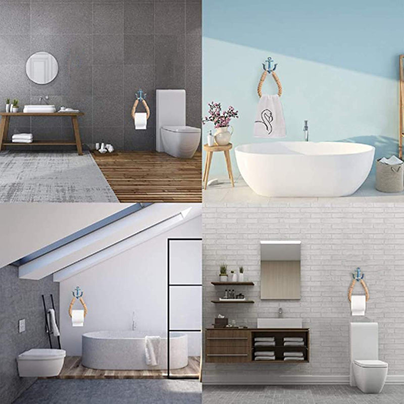 2 Pcs Nautical Rope Toilet Paper Holder Wall-Mounted Towel Ring Nautical Toilet Paper Holder with Metal Hooks Coastal Towel Rack Natural Antique Rope （Blue+Blue） Blue+blue