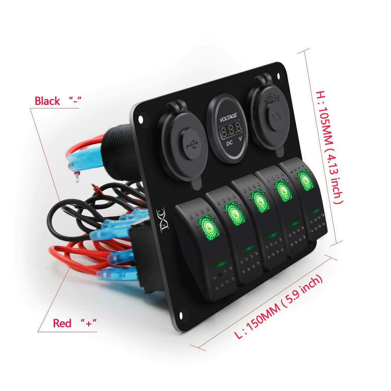 FXC 5 Gang Rocker Switch Aluminum Panel with Dual USB Slot Socket 5V 3.1A + Volt Meter + Cigarette Lighter for Marine Boat Car Rv Vehicles Truck 12-24V Waterproof (5Gang Green)