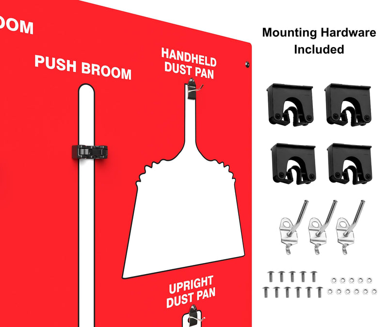 Clean & Sweep 5S Shadow Board/Wall Mount Broom Holder, 68" x 30" Board, 5S Cleaning Station - with Broom and Dustpan Set Included, Made in The USA by AccuformNMC, Red/White, PSB616RDWT