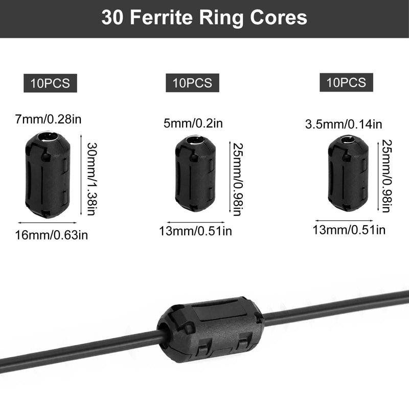 Ferrite Core Set 30 Pieces 3 Sizes 3.5 mm 5 mm 7 mm Black | Nickel zinc ferrite with PA66 clip housing to reduce EMI RFI interference to USB audio video and power cables