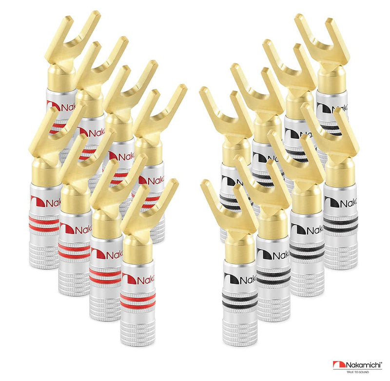 Nakamichi Excel Series 24k Gold Plated Spade Y Banana Plug 12-18 AWG Gauge Size 4mm for Speakers Amplifier Hi-Fi AV Stereo Home Theatre Audio Wire Cable Screw Connector, 10 Pcs (5-Pairs) 10 Pcs (5-Pairs)