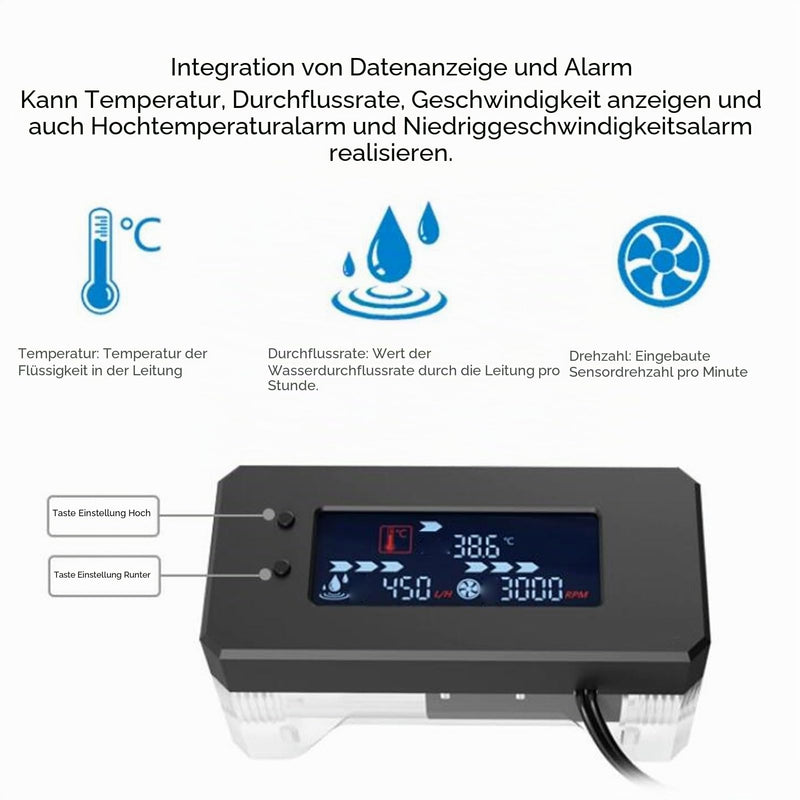LICAEVEY Aluminum Alloy and Acrylic Digital Flow Meter Alarm with Temperature Monitoring, High and Low Speed Warnings for PC Water Cooling Systems (12 to 24 V)