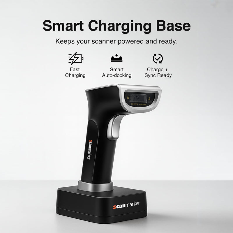 Scanmarker 1D/2D Wireless Barcode Scanner – Boost Speed & Accuracy with Bluetooth & 2.4G Modes – Handheld QR Code Scanner with Charging Stand for Easy scanning on Laptop, iOS & Android