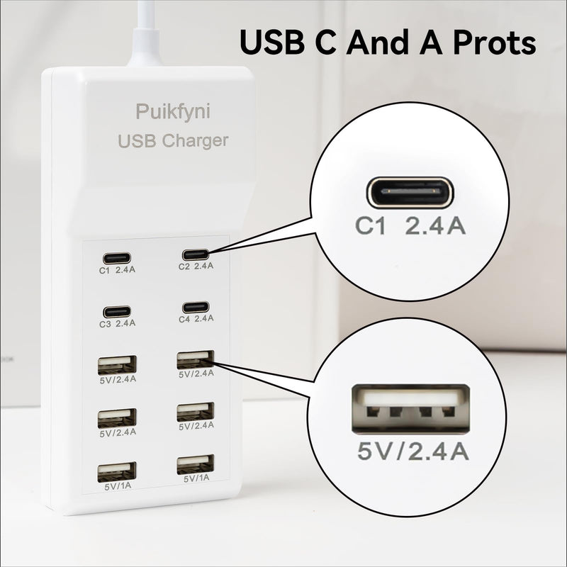 Portable USB and USB C Charging Station,USB-C 4-Ports, Hub 10-Ports USB Charger Dock for Multiple Devices Phones Tablet Smartwatch Headphones Speakers (Ivory USBC) Ivory USB-C