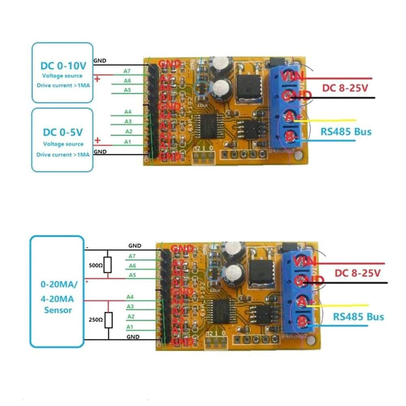 Fafeicy 8-24V 10-15MA Voltage Analog Collector, R4AVA07 7-Channel RS485, ADC Modbus RTU 03 06 Function Code, 45x30x15mm