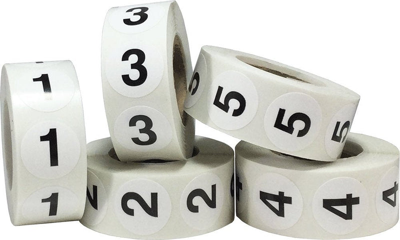 Numbers 1-5 Bulk Pack Office Warehouse Organization Inventory Stickers 3/4 Inch 500 Per Roll 2,500 Total Stickers