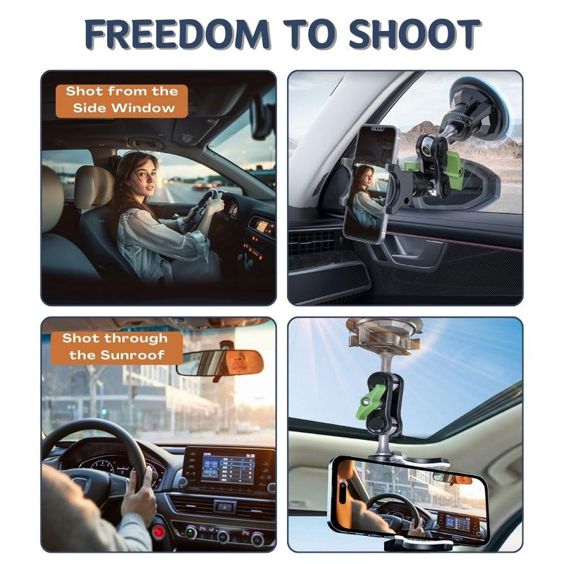 Suction Cup Phone Mount, Ultra-Stable Phone Holder for Vlog Shooting, 360 Rotation for Windshield, Roof Glass, Car Window, Fit for All Smartphones