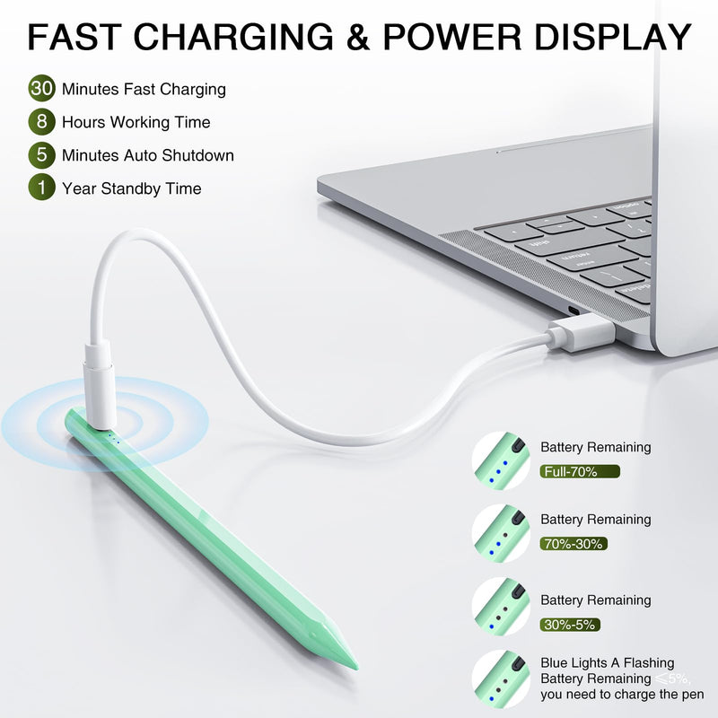 Pen for iPad 2018-2024, HATOKU 15 Mins Quick Charging Pencil 2nd Generation with Tilt & Palm Rejection Compatible with iPad Air 3/4/5/M2, iPad Mini 5/6, iPad 6/7/8/9/10, iPad Pro 11"/12.9"/M4 (Green) Green