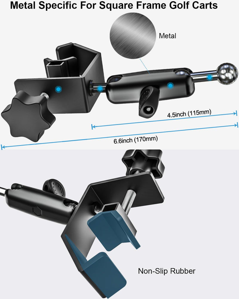 woleyi Golf Cart Phone Holder - [Wider Clamp & Metal Arm] 360° Adjustable Phone Mount for Golf Cart Clip, Compatible with EZGO/Club Car/Yamaha Accessories, for iPhone 16 15 14 13 12 11 XR X 8 Pro Max