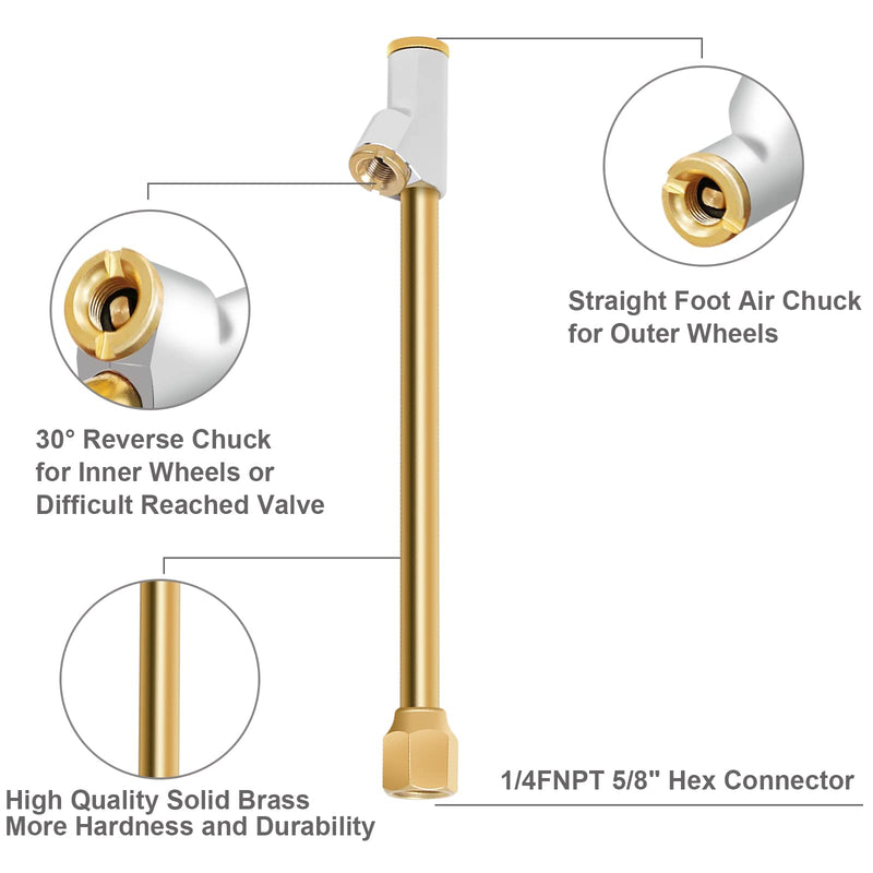 GODESON Air Chuck, 1/4" FNPT 6.4" Extended Reach Dual Head Brass Air Chuck,Heavy Duty Air Chuck for Semi, RV Dually Tires