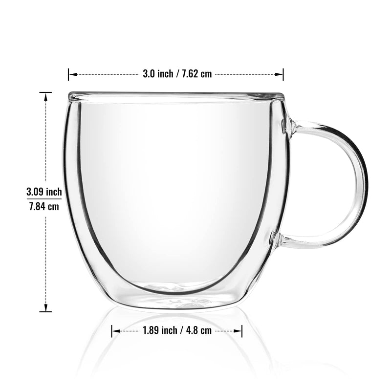 Double Wall Glass Espresso Cups 5oz/150ml, A set of 2, Thermo Insulated Borosilicate Glass Cups with Handle