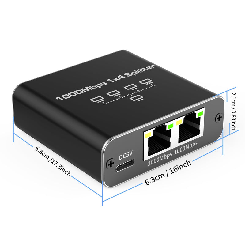 Ethernet Splitter 1 to 4 Ports, 1000Mbps Max High Speed Internet Splitter 1 in 4 Out for Cat 5/5e/6/7/8 HDMI Splitter 1 to 4
