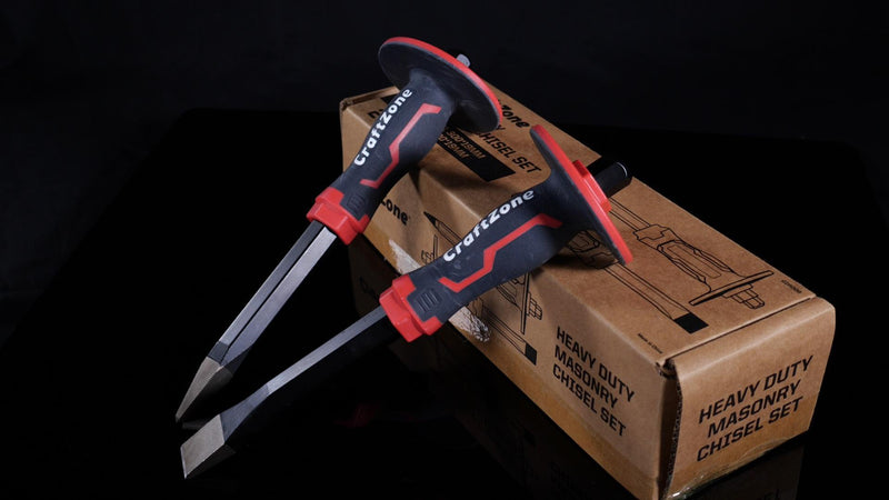 Masonry Chisel Set - 2-Piece Heavy Duty Pointed & Flat Rock Chisels, Concrete Stone Chisel with Hand Protection for Brick Breaking Carving Splitting Cutting Mason Tools 2pc