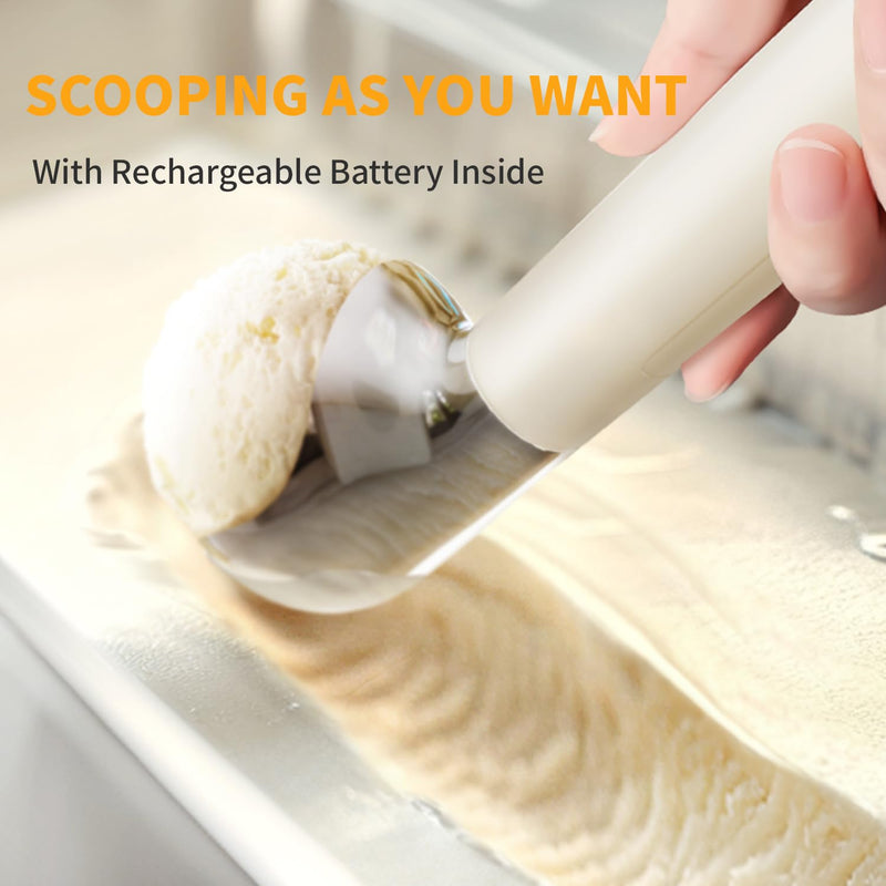 Heated Ice Cream Scoop, Rechargeable Electric Scooper for Hard IceCream, Self Warming Spoon Max to 158℉, Rust-Proof, anti freeze handle, Easy to Clean White 10W
