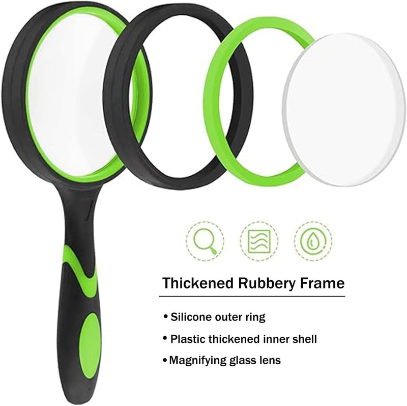 2PCS Upgrade 10X Magnifying Glass, Large Handheld Magnifier Magnafying. Glasses for Kids/Seniors Reading, 3 Inch Shatterproof Lupa Magnify Glass Lens, Rubber Handle of Perforating Design - Observation