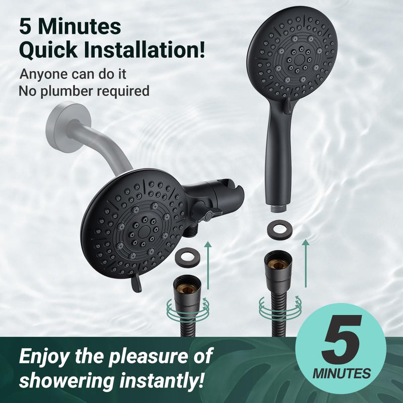 Cobbe Dual Shower Head Combo, 2-in-1 Water Saving System with 59-Inch Stainless Steel Hose, 1.8 GPM Rainfall and Handheld Spray, 3-Way Diverter with Anti-Swivel Lock Nut, Matte Black