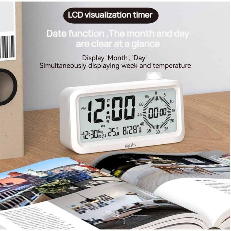 Visual Alarm Clock Timer with LCD Display, 3-Level Adjustable Backlight，Temperature Date, Silent Operation,3 Alarms, Snooze, Type-C Charging for Kids Studying/Office/Sleeping/Cooking(White)