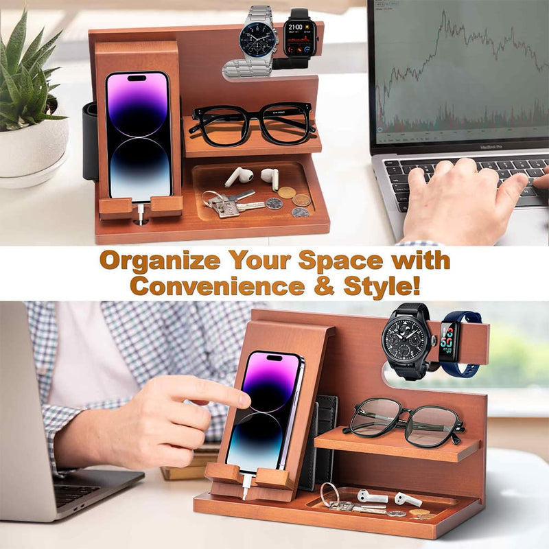 Wood Phone Docking Station - Gifts for Men Desk or Nightstand Organizer - Birthday Gifts for Husband, Fathers Day for Dad - Anniversary Idea from Wife - Key Holder, Stand Wallet, Watch & Essentials Wood
