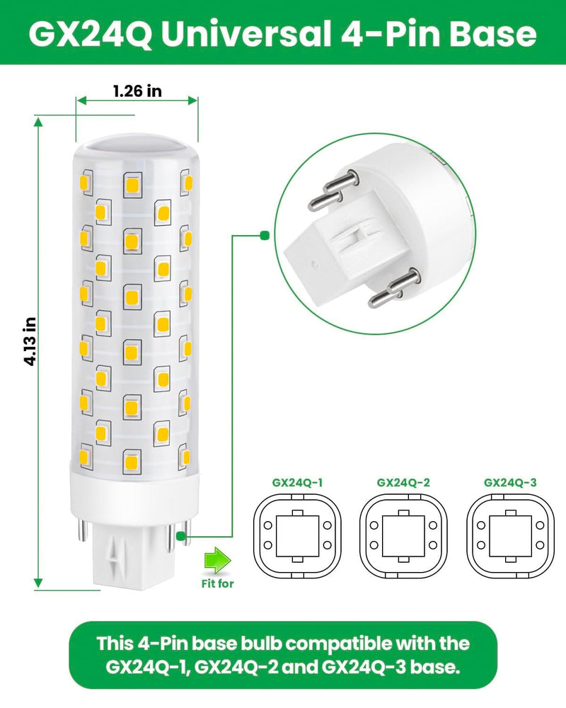 GX24Q LED Bulbs, 4000K Neutral White, 4-Pin Base CFL Light Bulb Replacement for 13W 18W 26W Compact Fluorescent Bulb in Bathroom Vent Fan, Kitchen Hood 10W 4-Pack (Ballast Removed Required)
