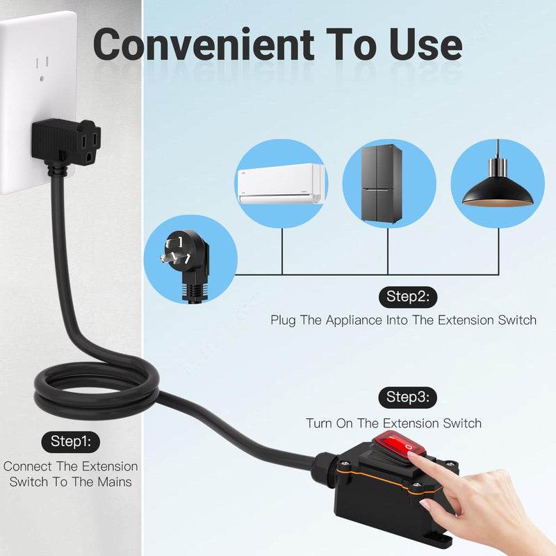 Inline Power Switch with 15-ft 14AWG Cable Piggyback Plug(3-Pronged),Red LED Rocker Button,IP67 Waterproof Extension Cord with On/Off Switch, AC/DC 20A-125V / 16A-250V（15FT/14AWG） 15FT