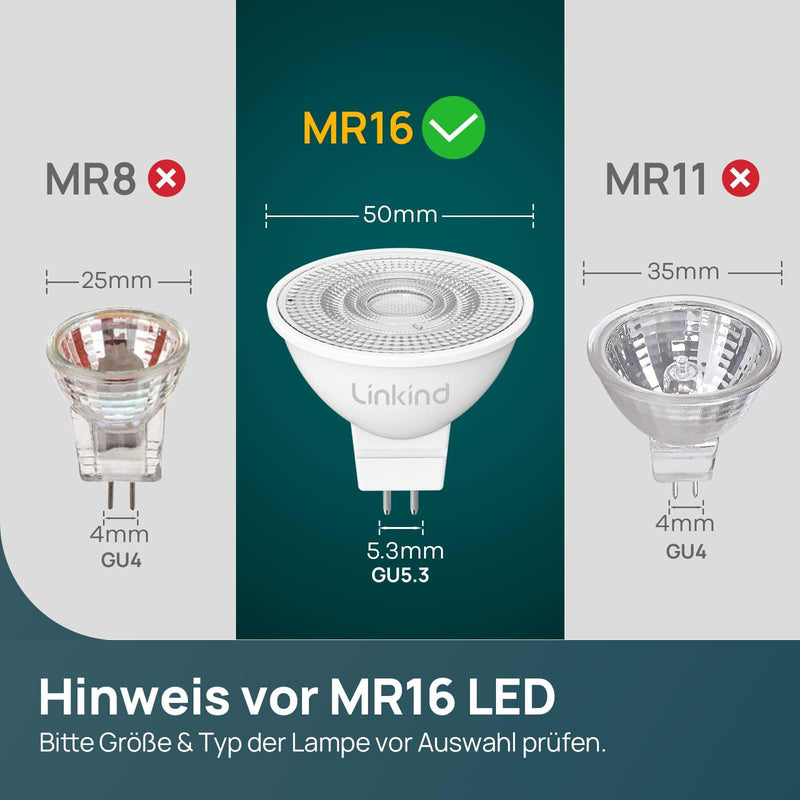 Linkind 12 V GU5.3 LED 3.4 W, 35 Watt Replaced, 2700 K Warm White 36° Beam Angle LED Spot MR16, 360 Lm AC/DC 12 V LED Bulb, 25,000 Hours Life, Not Dimmable, Pack of 5 5 pieces