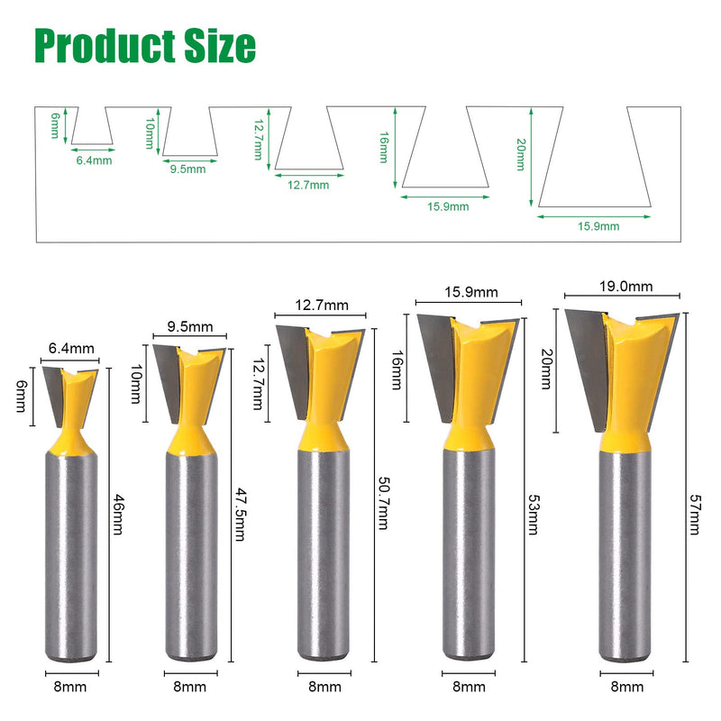 Pack of 5 dovetail face milling cutters 8 mm shank, dovetail milling cutter set, 1/4" 1/2" 3/8" 5/8" 3/4" milling cutter for router 8 mm shank, milling head for router, face milling cutter for wood (5)