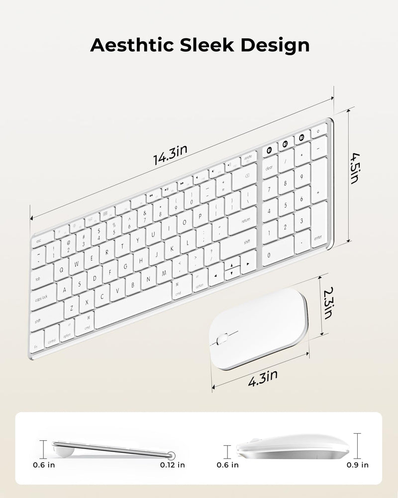 Wireless Bluetooth Keyboard and Mouse for Mac, Multi-Device Rechargeable Keyboard and Mouse Stainless Steel Full Size, Compatible with MacBook Pro/Air, iPad, iMac - White Silver