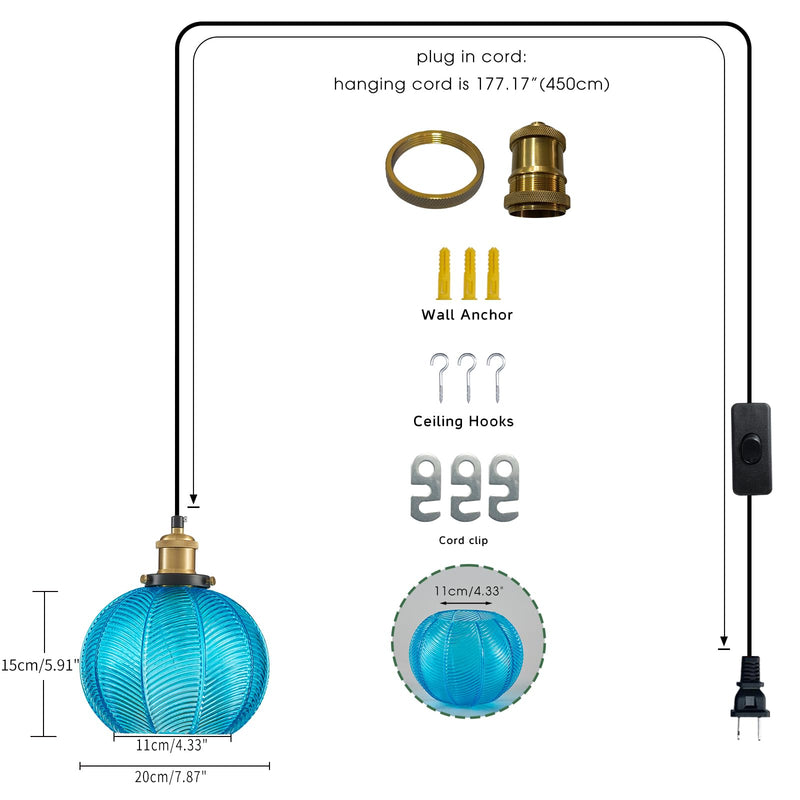 Blue Glass Plug-in Pendant Light,Farmhouse Hanging Lights with in Cord Globe Glass Hanging Lamp with a Switch Wire for Dining Room Bedroom Kitchen Island E26 Blue-Plug in 1Pcs