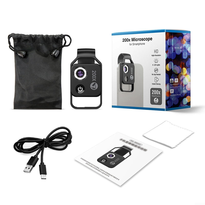 200x Cell Phone Microscope Lens with LED Light, Portable Digital Microscope for Kids, Handheld Microscope, Dermatoscope, Skin Diagnostic, Hair Analyzer black