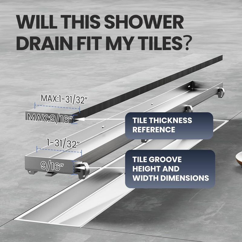 Linear Shower Drain 12 Inch, Shower Drain with 2-in-1 Tile Insert Panel, Brushed AISI 304 Stainless Steel Linear Drain for Fast Drainage, Floor Drain for Bathroom, Kitchen, Garage & More