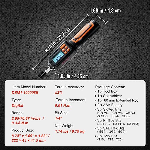 VEVOR Digital Torque Screwdriver, 1/4" Drive Screwdriver Torque Wrench, Electrician Torque Screwdriver with LCD, 2.65-70.67 in-lbs Torque Range, 0.01 N.m Increment Torque Screwdriver with Bits & Case Ultra 2.65-70.67 in-lb