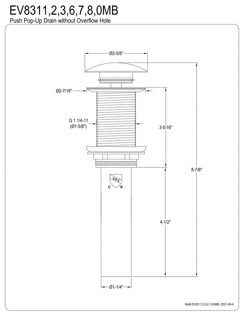 Kingston Brass EV8316 Coronet Push Pop-Up Bathroom Sink Drain Without Overflow, Polished Nickel 8.88 x 2.63 x 2.63