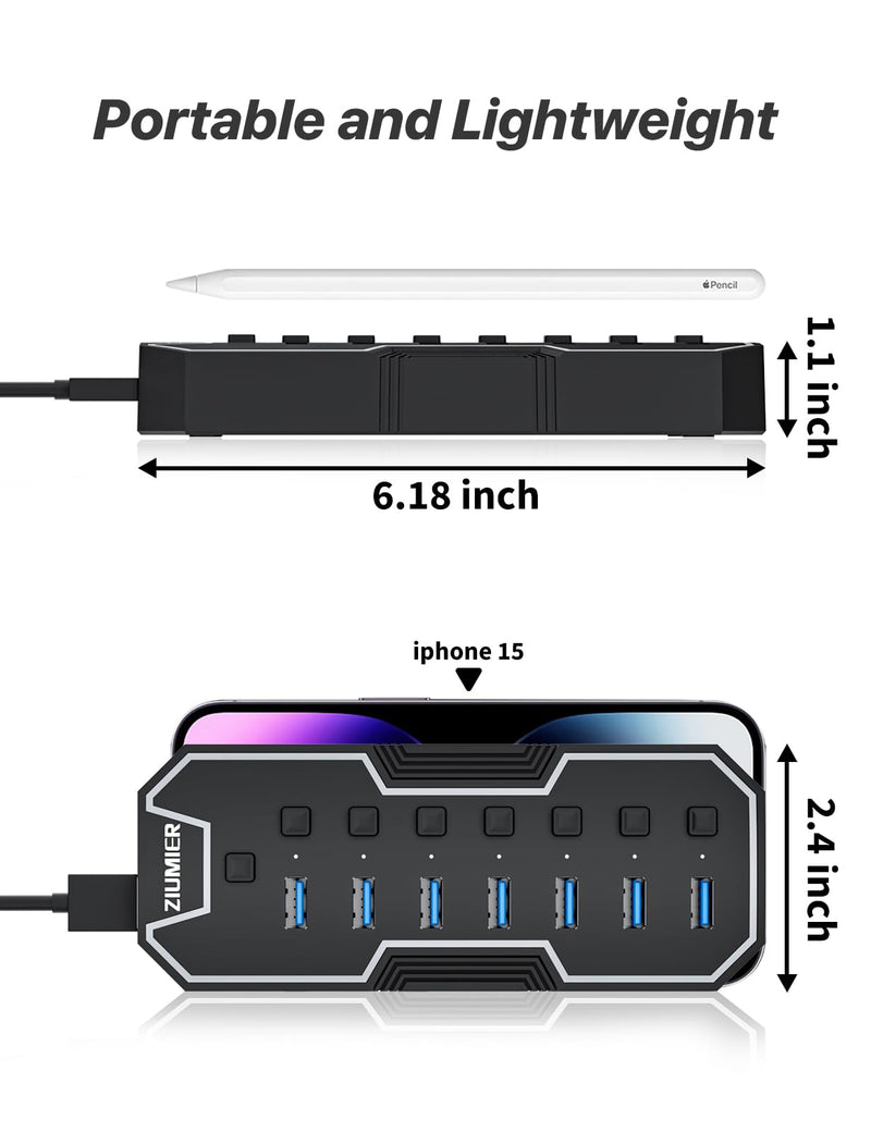 ZIUMIER USB 3.0 Hub,7 Ports USB Expander with RGB LED Strip for MacBook, Mac Pro, Mac mini, iMac, Surface Pro, XPS, PC, Flash Drive, Mobile HDD