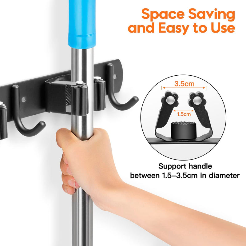 Broom holder wall, IBELL device holder wall mount stainless steel with 3 holders and 4 hooks, garden tool holder, broom holder, mop holder, self-adhesive tool holder, wall hook without drilling for garden, garage, 1 piece, 3 holders, 4 hooks (43 cm)