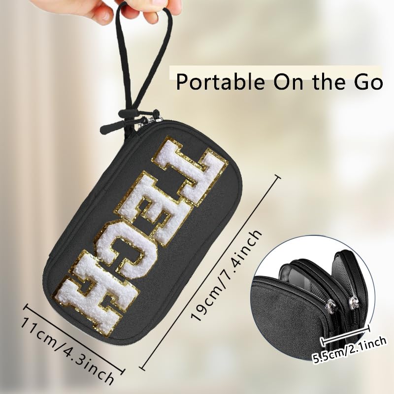 Small Electronics Organizer Travel Bag with Chenille Letter Patch TECH for Men Women Christmas Gift, Cord Charger Cable Traveling Accessory Pouch Essential Supply Storage Case (Black) Black