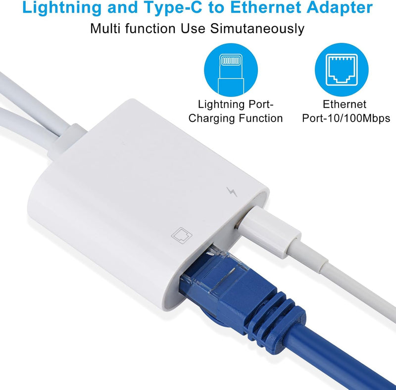 Lightning and USB C to Ethernet Adapter,2 in 1 RJ45 Ethernet LAN Network Adapter with Charge Port Compatible with iPhone/iPad/iPod/Samsung and More,Supports 100Mbps Plug and Play USB-C + Lightning