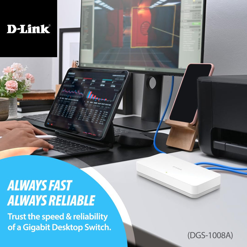 D-Link 8 Port Gigabit Ethernet Unmanaged Network Switch, Plug and Play, Ethernet Splitter, Fanless, Traffic Optimization, Unmanaged (DGS-1008A)