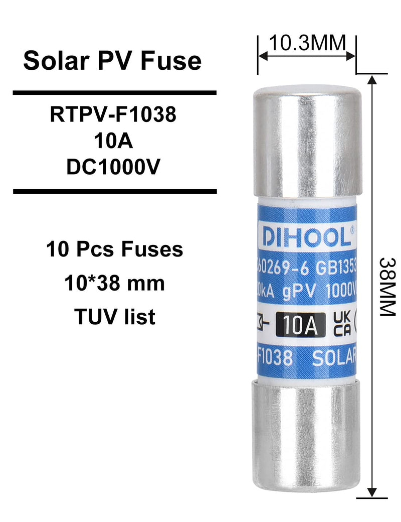 PV fuse 10a DC 1000V 10x38 20kA fuses high voltage fuse tube fast micro fuse for solar photovoltaic applications photovoltaic (10 pack) 10A Fuse*10