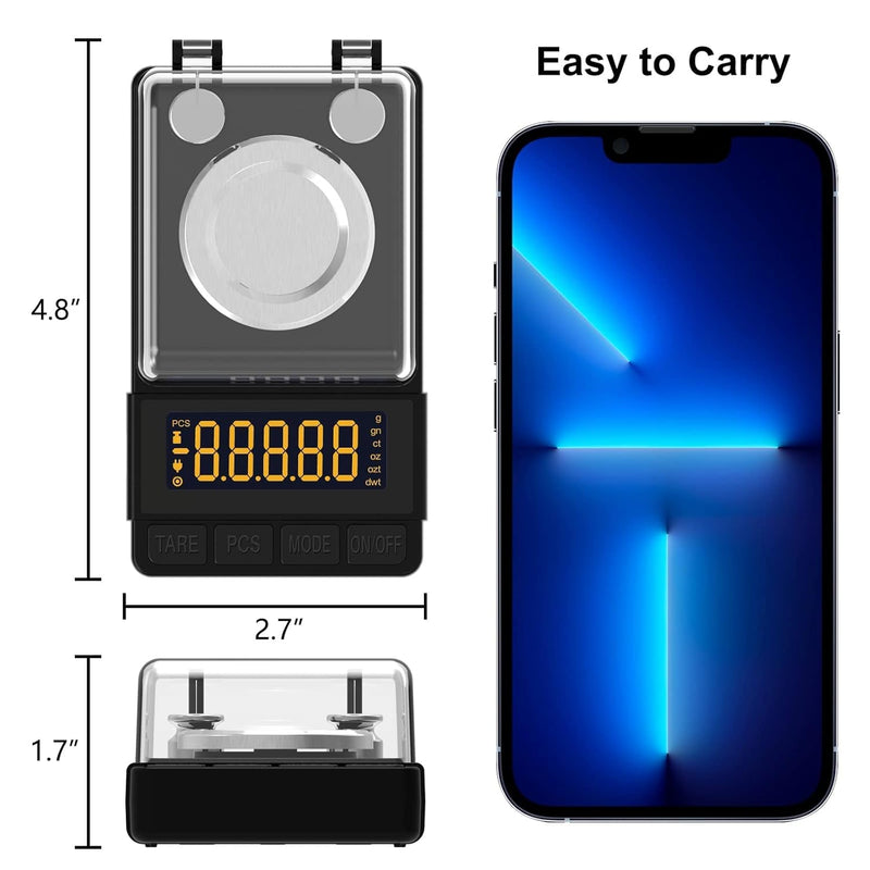 Reloading Scale 50 x 0.001g High Precision Gem Scale Supplement Powder Scale Milligram Includes 20g Calibration Weight, 2 Scoops, 4 Weighing Powder Pans Tweezers Read in Grain Gram Carat DWT oz ozt Silver
