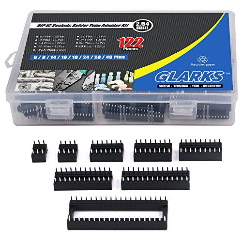 glarks 122pcs 2.54mm Pitch DIP IC Sockets Soldering Version Adapter Assortment Kit (6/8/14/16/18/24/28/40 Pins)