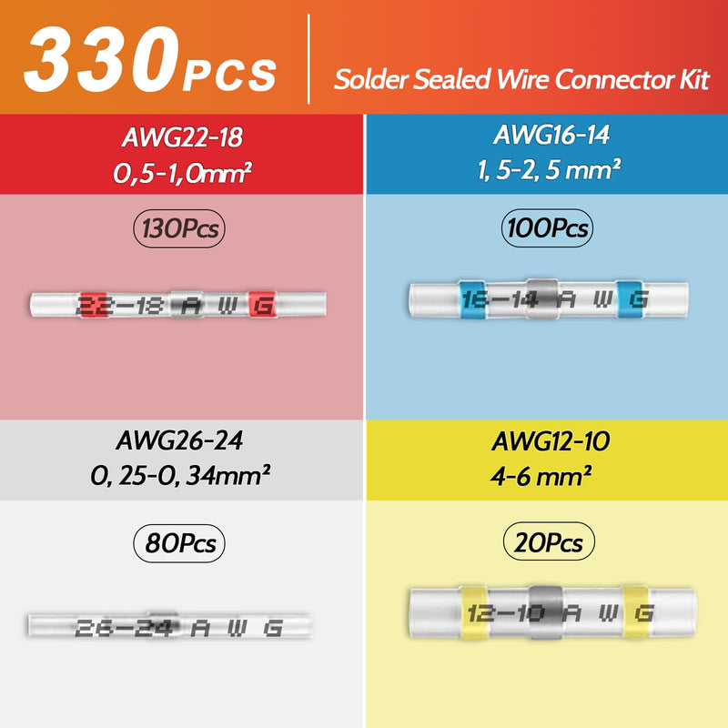 AIVORO Pack of 330 solder connectors, 10-26 AWG butt connectors 0.25-6.0 MM², cable connectors, waterproof set, solder connectors with heat shrink tube, suitable for cars and ships, shrink ratio 3:1