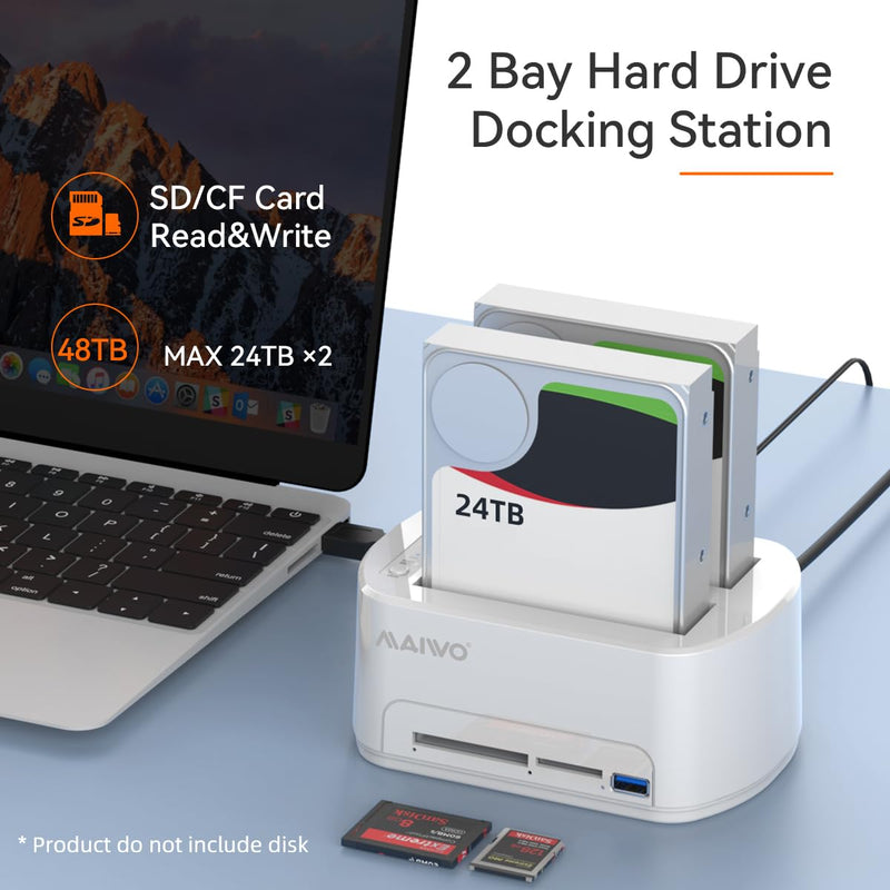 MAIWO SATA to USB 3.0 Dual-Bay Hard Drive Docking Station with Offline Clone for 2.5 & 3.5-inch HDD/SSD, Hard Drive Dock with CF/SD Card Reader, Support 2*24TB, White