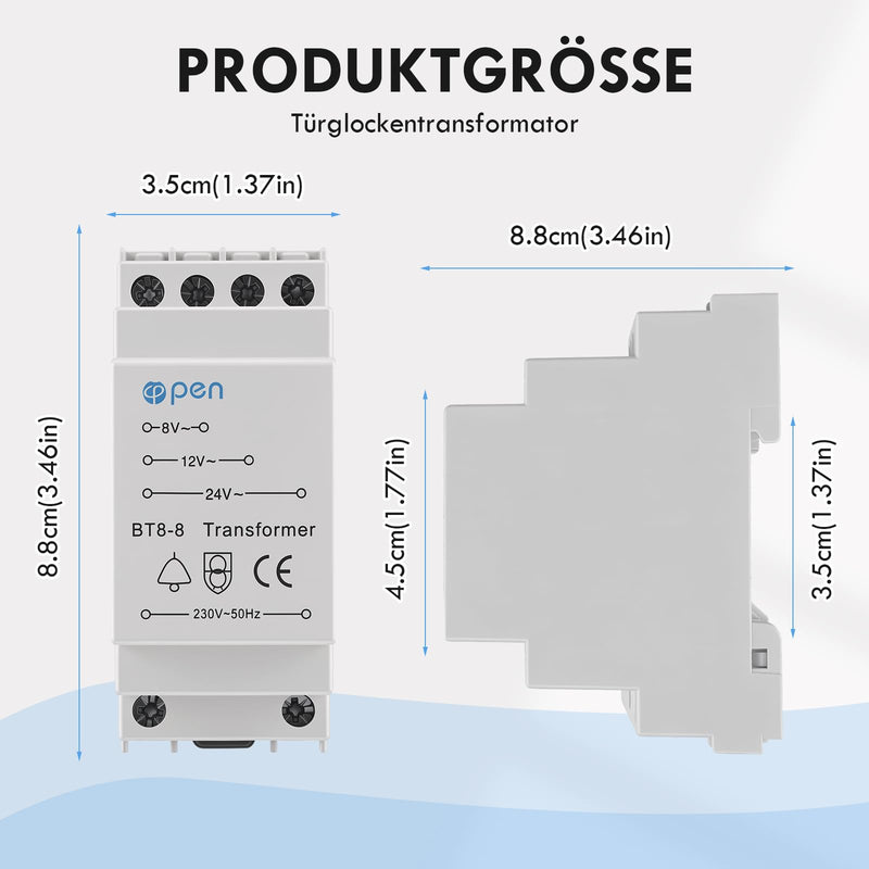 Bell Transformer 8 V 12 V 24 V, Bell Transformer 230 V AC Inputs, 8-24 V/AC Exports, Surge Protection, Fits Standard DIN Rail, Doorbell for Monitoring and Access Systems