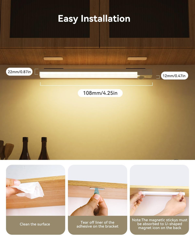 Under Cabinet Lighting 4 Inches Rechargeable Motion Sensor Light Indoor, 3 Color Dimmable Closet Light Battery Operated, USB Stick on LED Magnetic Under Counter Lights for Kitchen Stair,12 Packs 4inch-12pack