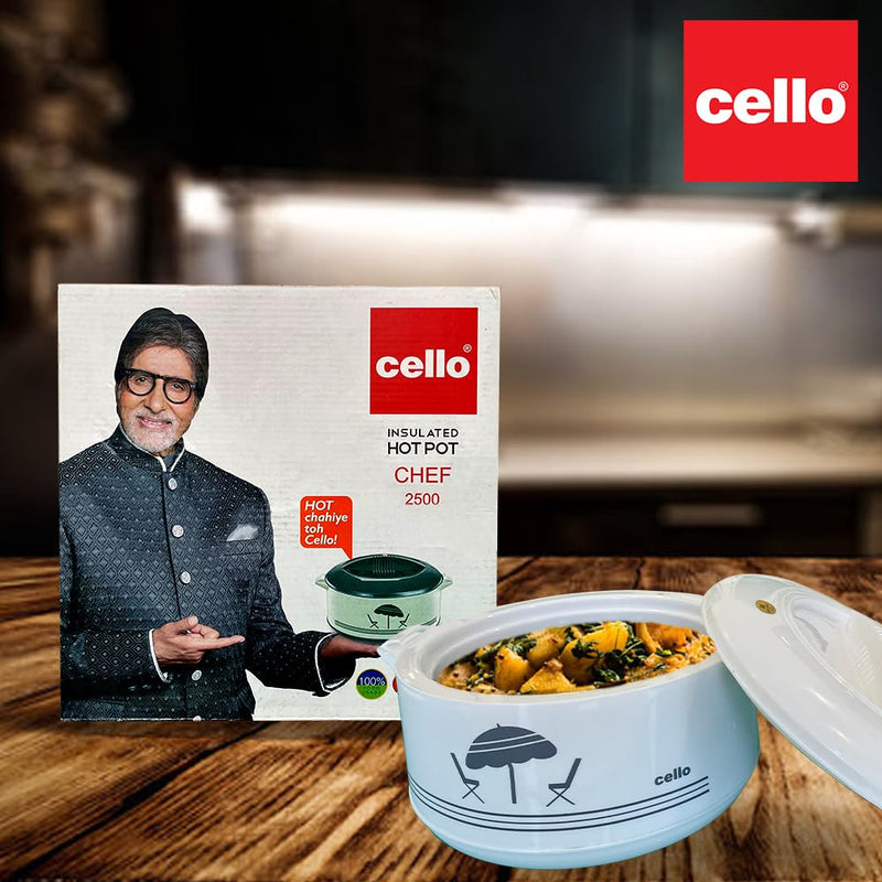 Cello Chef Deluxe Insulated Hot Pot Casserole 2500, White | Spacious 2300ml Capacity Provides Ample Storage and Serving Space for Everyday Family Dining