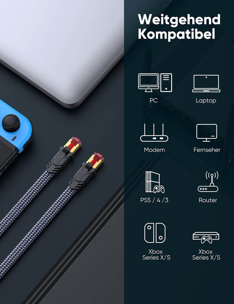 Snowkids Cat 8 Network Cable 5 m, 40 Gbps LAN Cable High Speed 2000 MHz S/FTP Ethernet Cable POE Gigabit RJ45 Nylon Braided Gold-Plated Patch Cable for PS5/4 Router Modem TV Switch Laptop | Robust Nylon Cable, 2000MHz High Speed Patch Cable, S/FTP, RJ4...