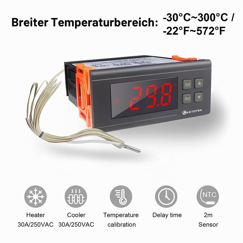 KETOTEK Temperature Controller with Sensor 230 V 30 A, Digital Thermostat Relay -30 °C ~ 300 °C, Temperature Switch Cooling Heating Temperature Control for Incubator Reptiles 30 A -30 ~ 300 °C